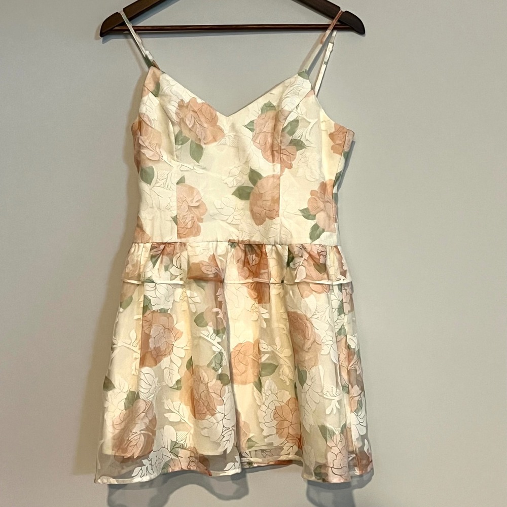 Fab'rik Floral Mini Dress Pink Peach Rose Tiered Ruffle Fit Flare Cocktail Small